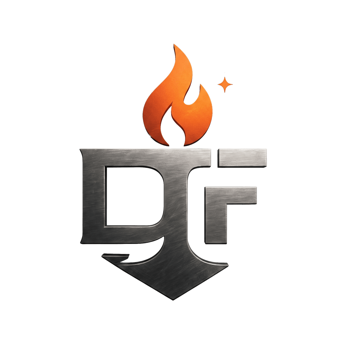 The Data Forge Media monogram: a brushed steel DF mark beneath an ember flame.