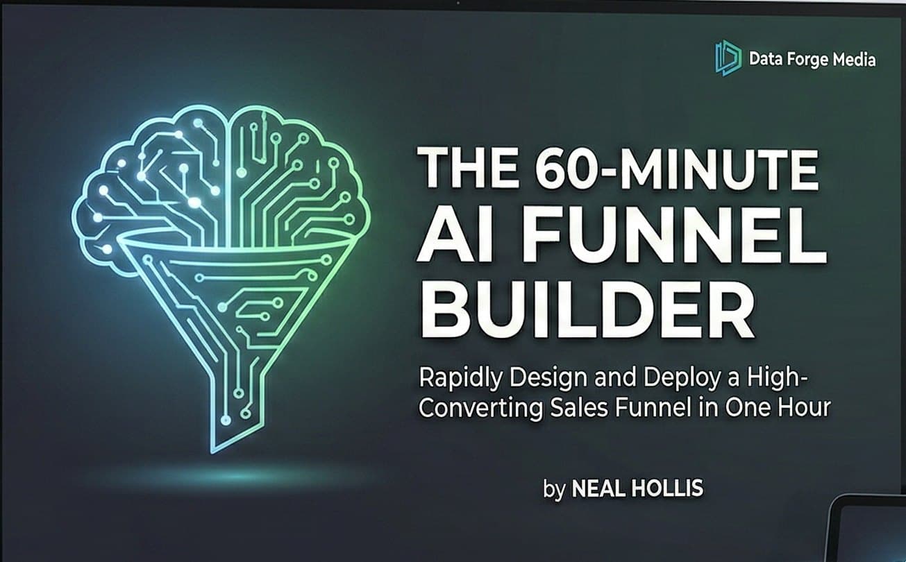 The 60-Minute AI Funnel Builder cover: a glowing circuit-board brain pouring into a funnel.