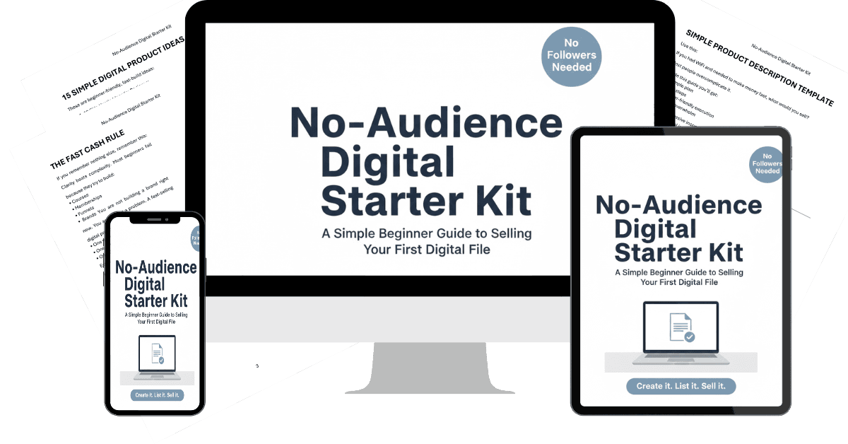 The No-Audience Digital Starter Kit on a desktop screen, a tablet, and a phone, with its worksheets.